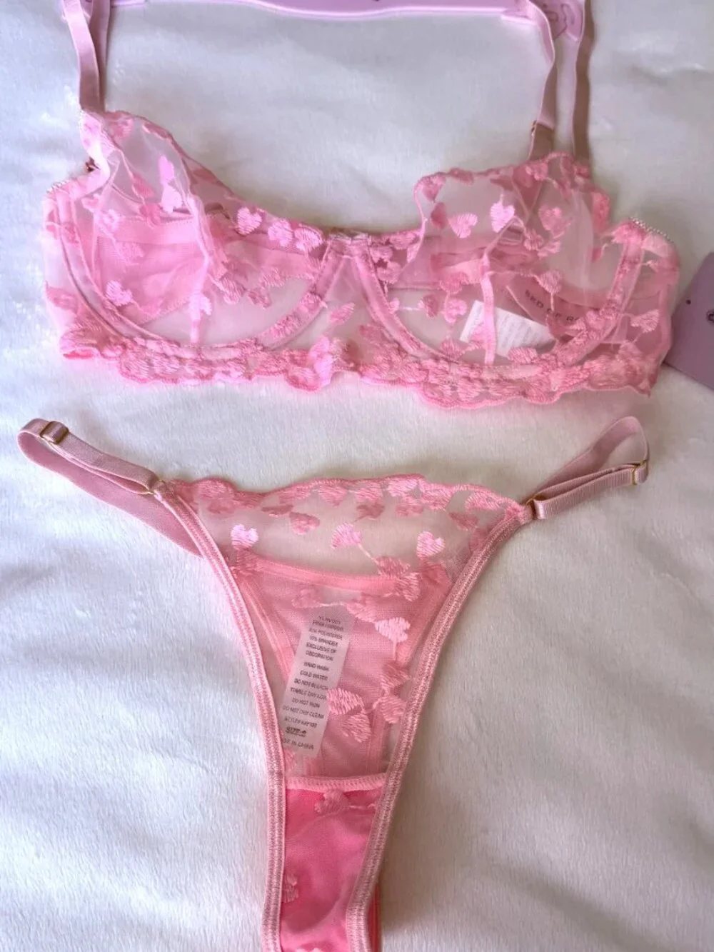 Bed of Roses Pink Heart Embroidered Mesh Lingerie Set Bra Thong Size S NWT